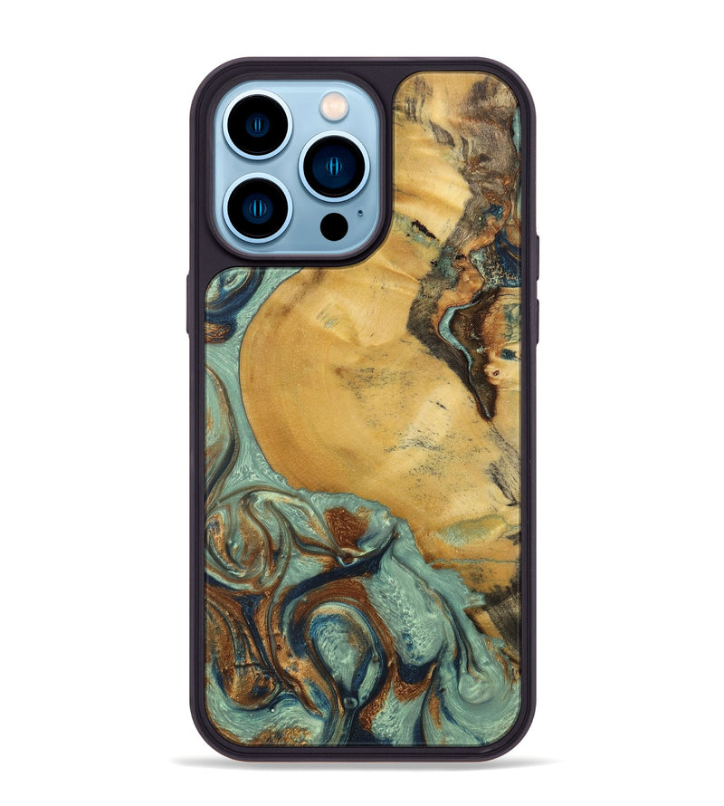 iPhone 14 Pro Max Wood+Resin Phone Case - Walker (Teal & Gold, 701410)