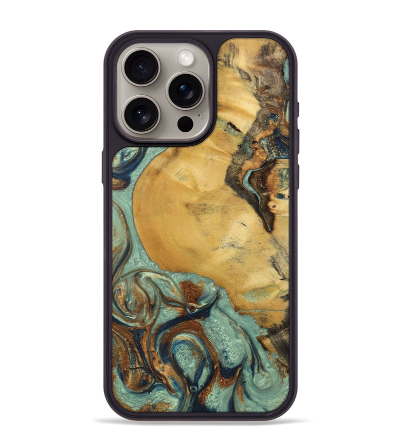 iPhone 15 Pro Max Wood+Resin Phone Case - Walker (Teal & Gold, 701410)