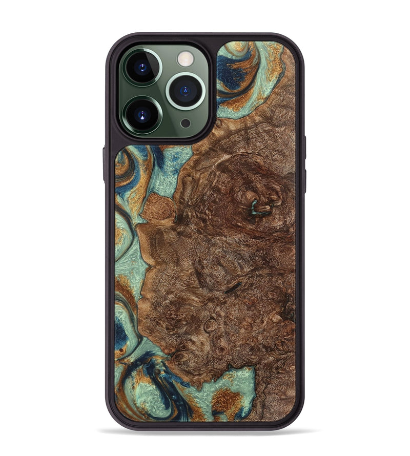 iPhone 13 Pro Max Wood+Resin Phone Case - Gwen (Teal & Gold, 701413)