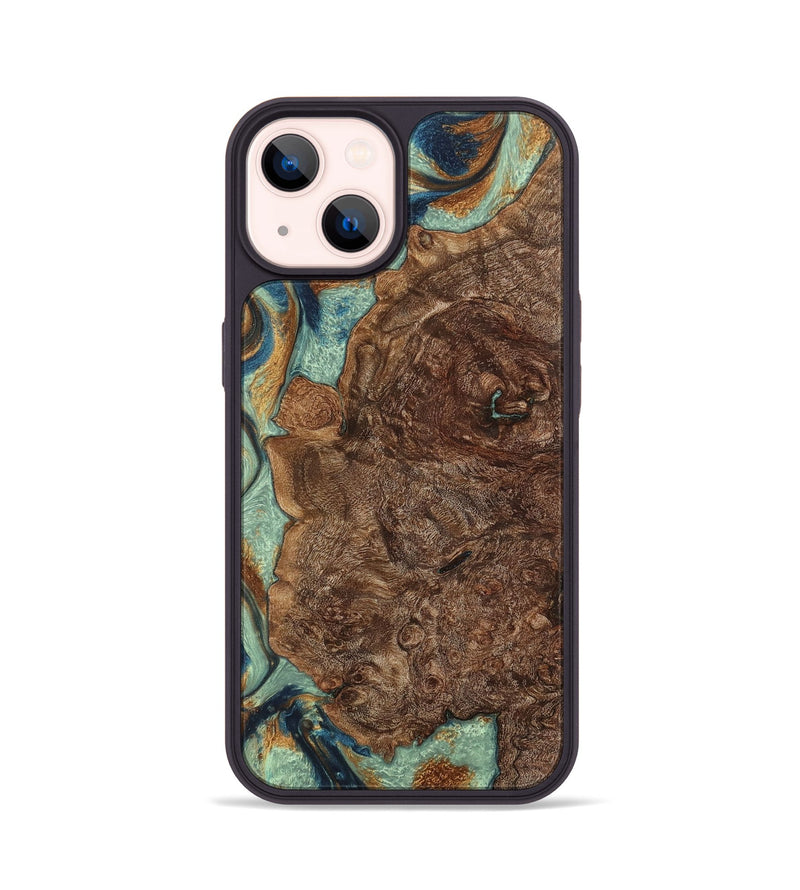 iPhone 14 Wood+Resin Phone Case - Gwen (Teal & Gold, 701413)