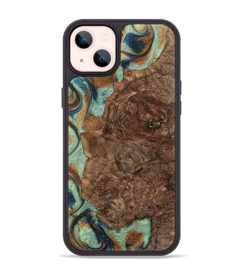 iPhone 14 Plus Wood+Resin Phone Case - Gwen (Teal & Gold, 701413)