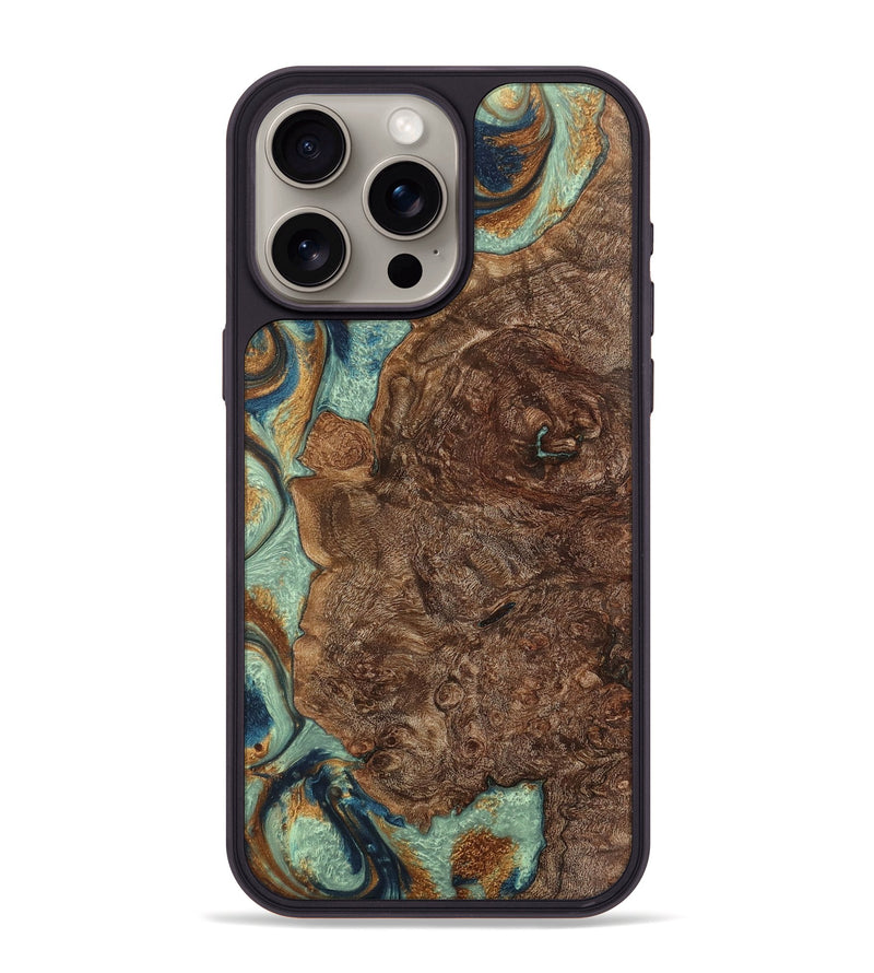 iPhone 15 Pro Max Wood+Resin Phone Case - Gwen (Teal & Gold, 701413)