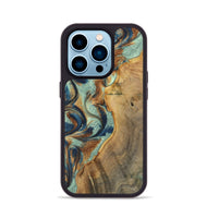 iPhone 14 Pro Wood+Resin Phone Case - Rachelle (Teal & Gold, 701414)