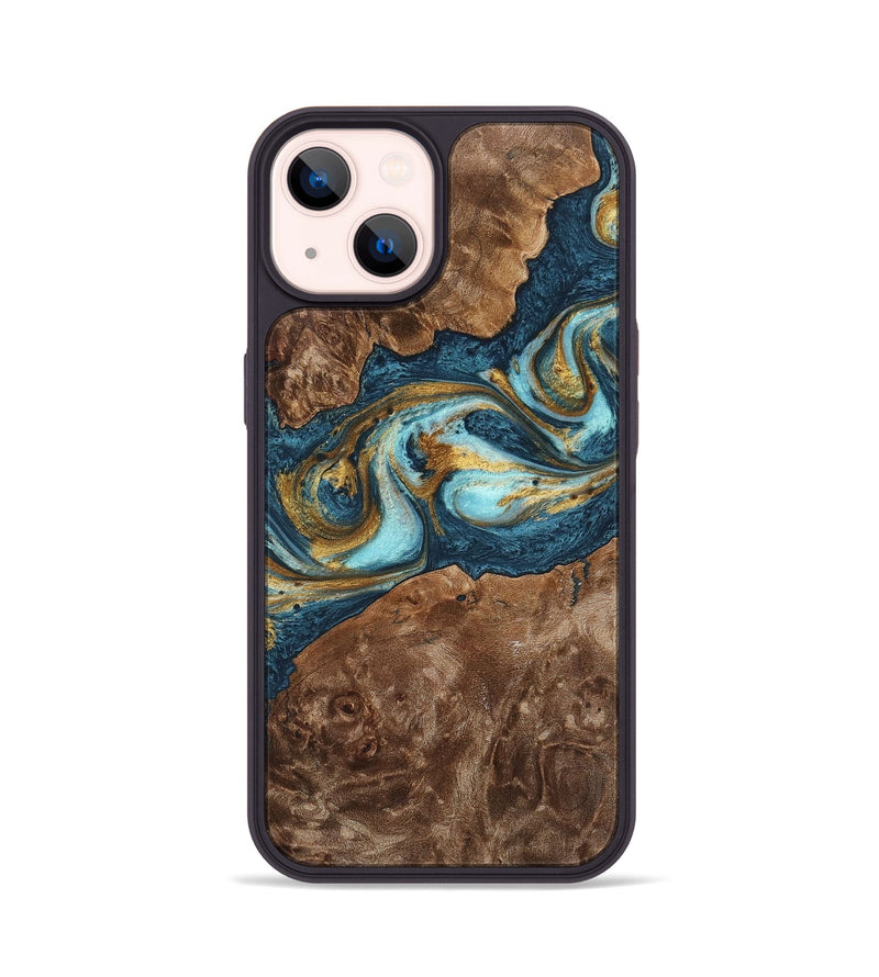 iPhone 14 Wood+Resin Phone Case - Otto (Teal & Gold, 702170)