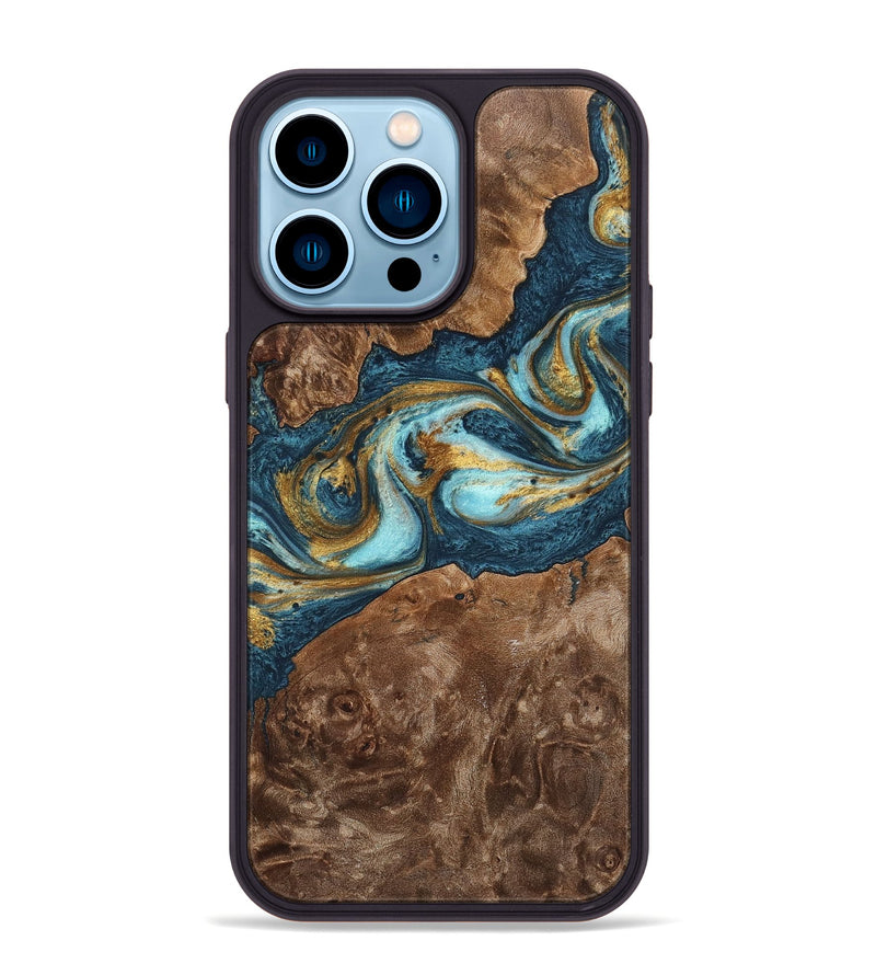 iPhone 14 Pro Max Wood+Resin Phone Case - Otto (Teal & Gold, 702170)