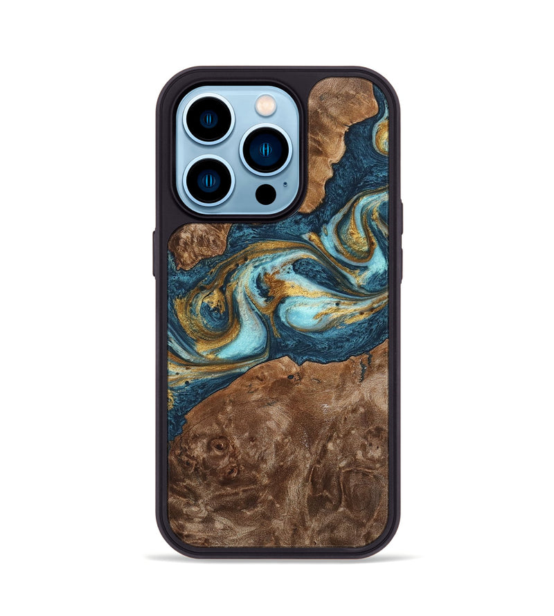 iPhone 14 Pro Wood+Resin Phone Case - Otto (Teal & Gold, 702170)
