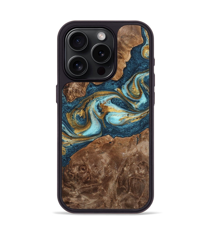 iPhone 15 Pro Wood+Resin Phone Case - Otto (Teal & Gold, 702170)
