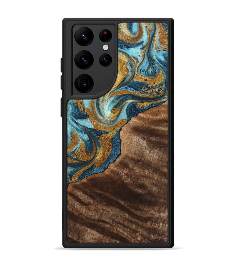 Galaxy S22 Ultra Wood+Resin Phone Case - Hugo (Teal & Gold, 702172)