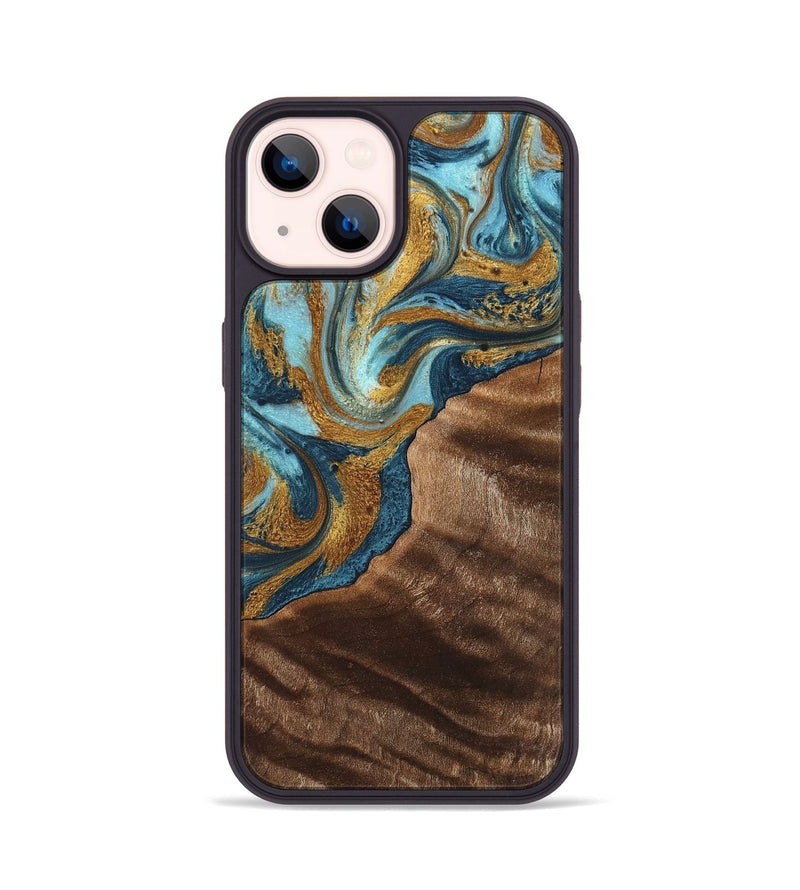 iPhone 14 Wood+Resin Phone Case - Hugo (Teal & Gold, 702172)