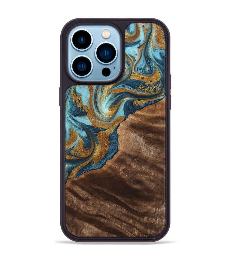 iPhone 14 Pro Max Wood+Resin Phone Case - Hugo (Teal & Gold, 702172)