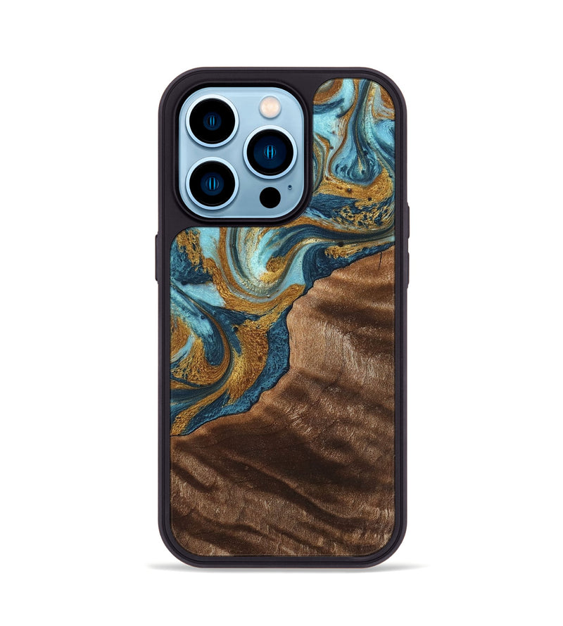 iPhone 14 Pro Wood+Resin Phone Case - Hugo (Teal & Gold, 702172)