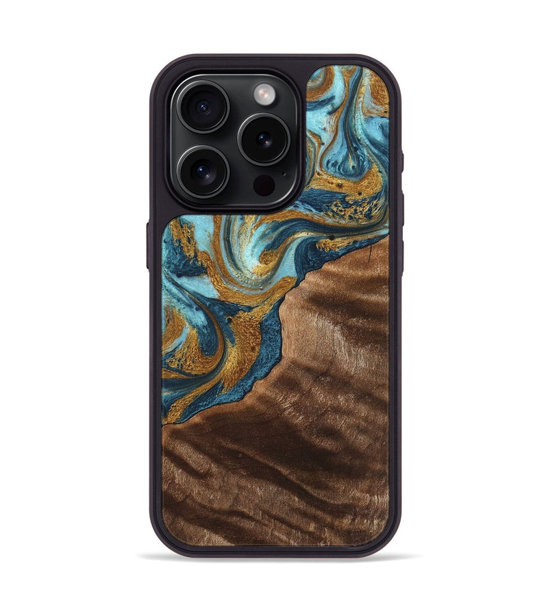 iPhone 15 Pro Wood+Resin Phone Case - Hugo (Teal & Gold, 702172)