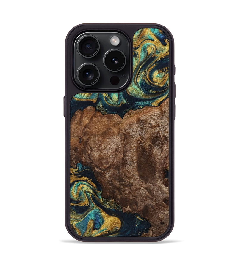 iPhone 15 Pro Wood+Resin Phone Case - Kali (Teal & Gold, 702173)