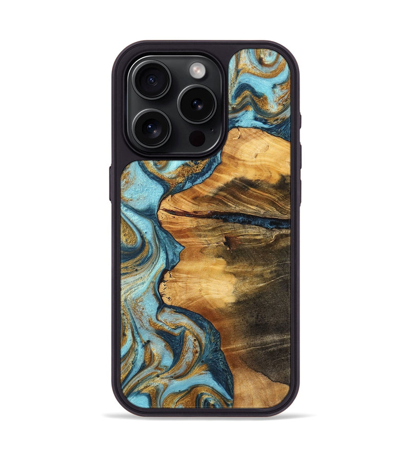 iPhone 15 Pro Wood+Resin Phone Case - Piper (Teal & Gold, 702174)