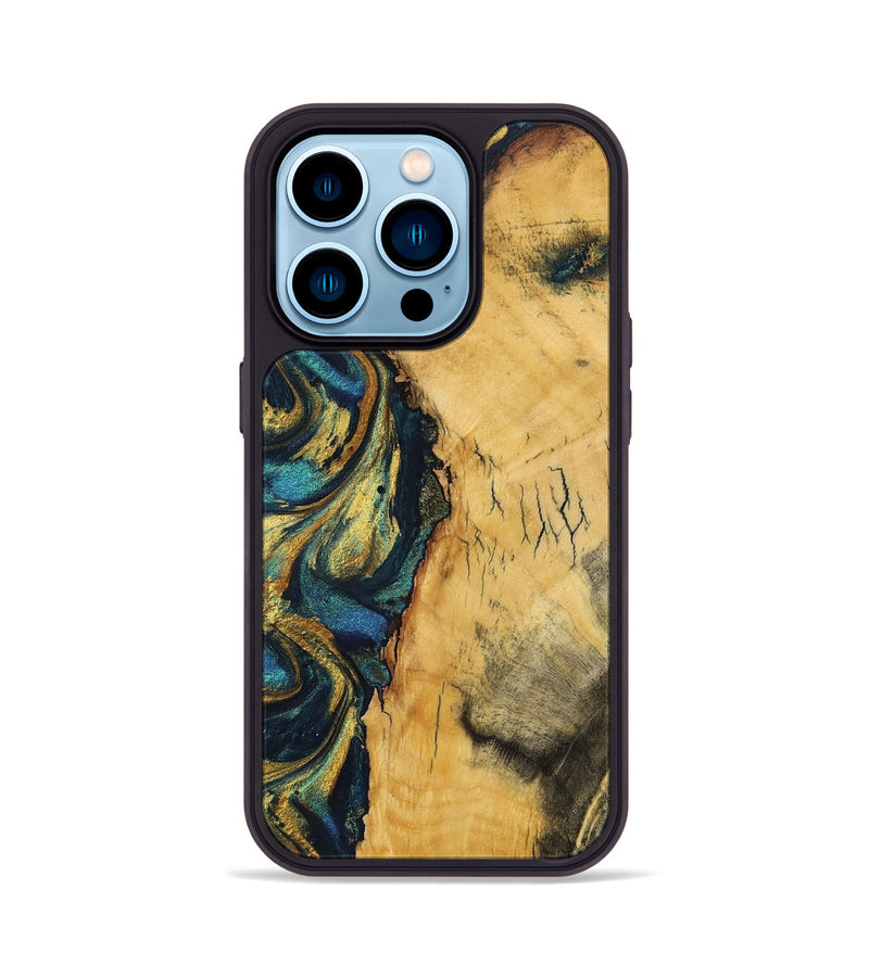 iPhone 14 Pro Wood+Resin Phone Case - Andrea (Teal & Gold, 702177)