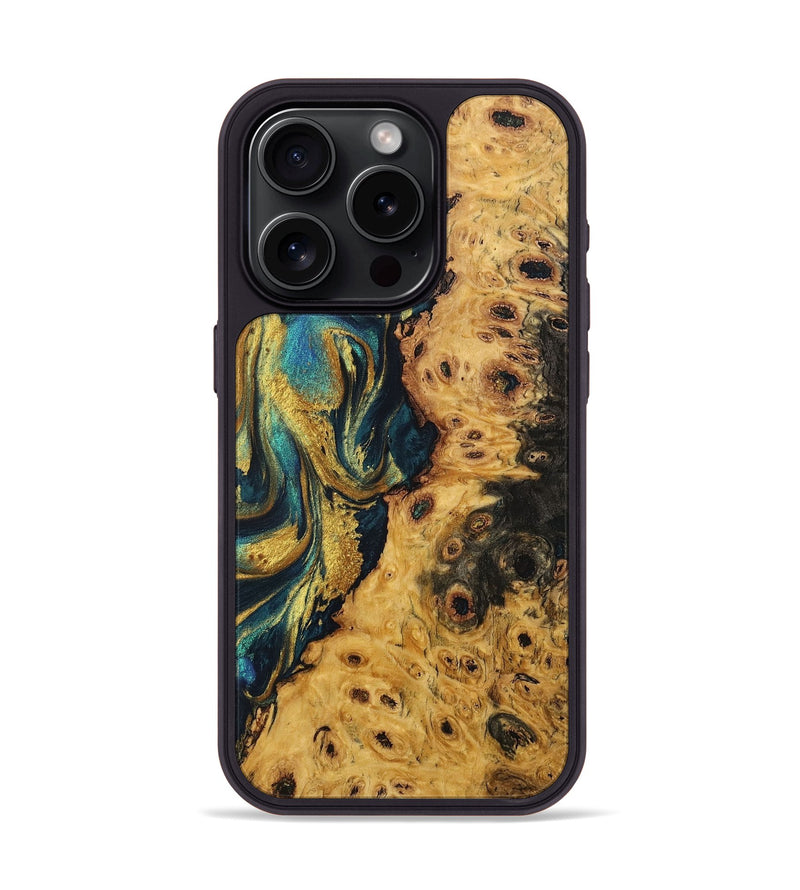 iPhone 15 Pro Wood+Resin Phone Case - Sutton (Teal & Gold, 702179)