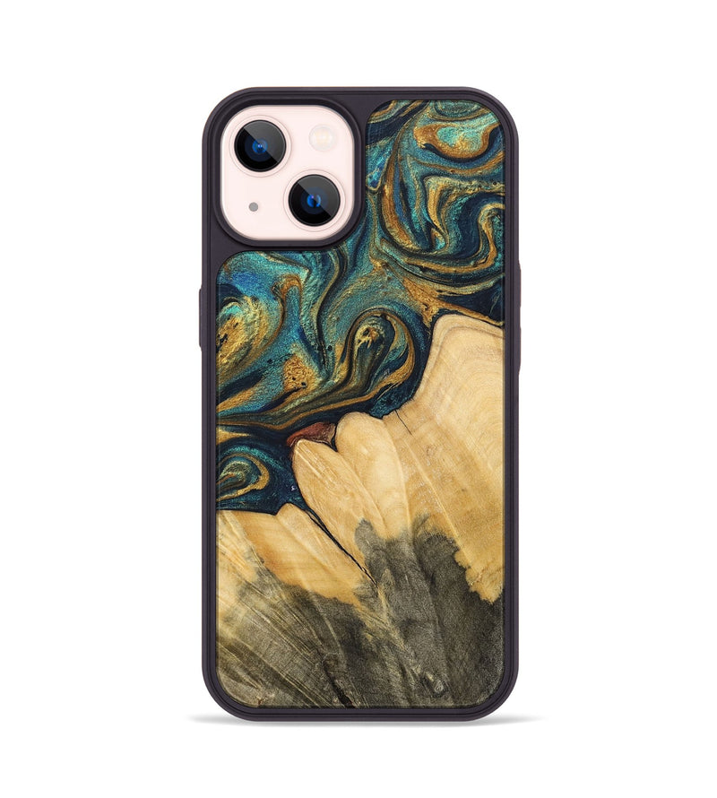 iPhone 14 Wood+Resin Phone Case - Larry (Teal & Gold, 702181)