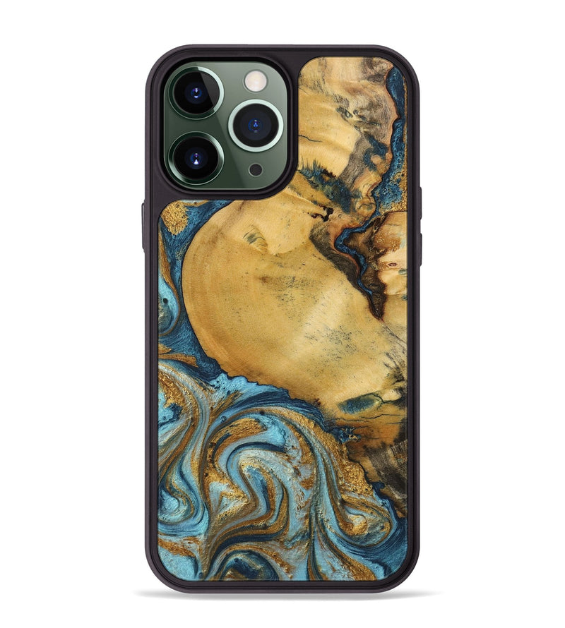 iPhone 13 Pro Max Wood+Resin Phone Case - Quentin (Teal & Gold, 702184)