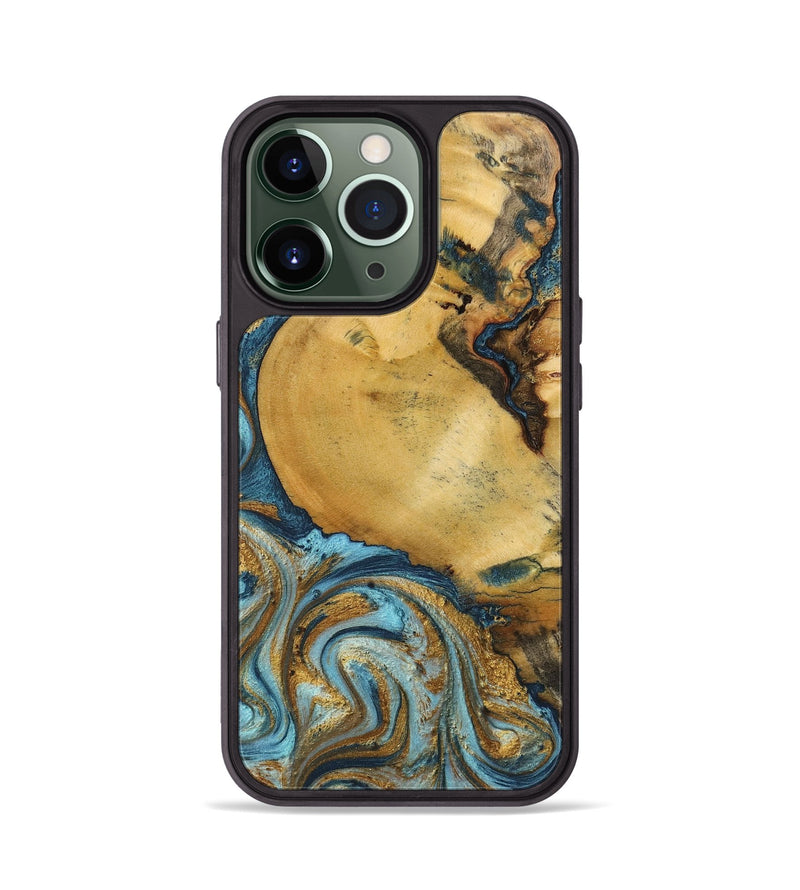 iPhone 13 Pro Wood+Resin Phone Case - Quentin (Teal & Gold, 702184)