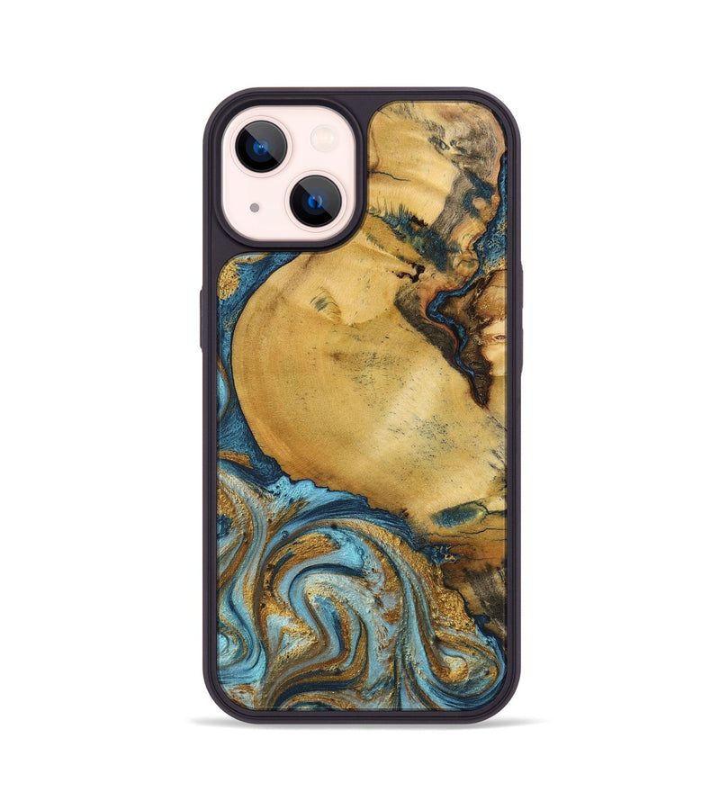 iPhone 14 Wood+Resin Phone Case - Quentin (Teal & Gold, 702184)