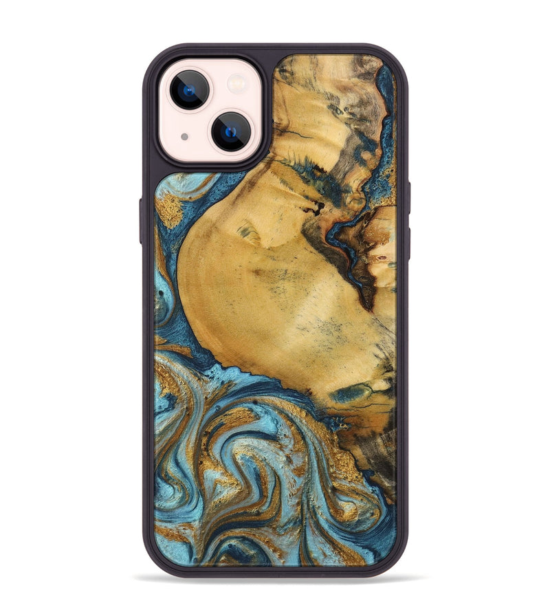 iPhone 14 Plus Wood+Resin Phone Case - Quentin (Teal & Gold, 702184)