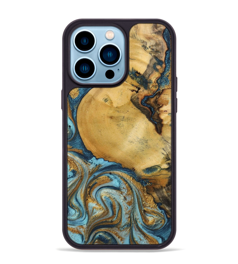 iPhone 14 Pro Max Wood+Resin Phone Case - Quentin (Teal & Gold, 702184)