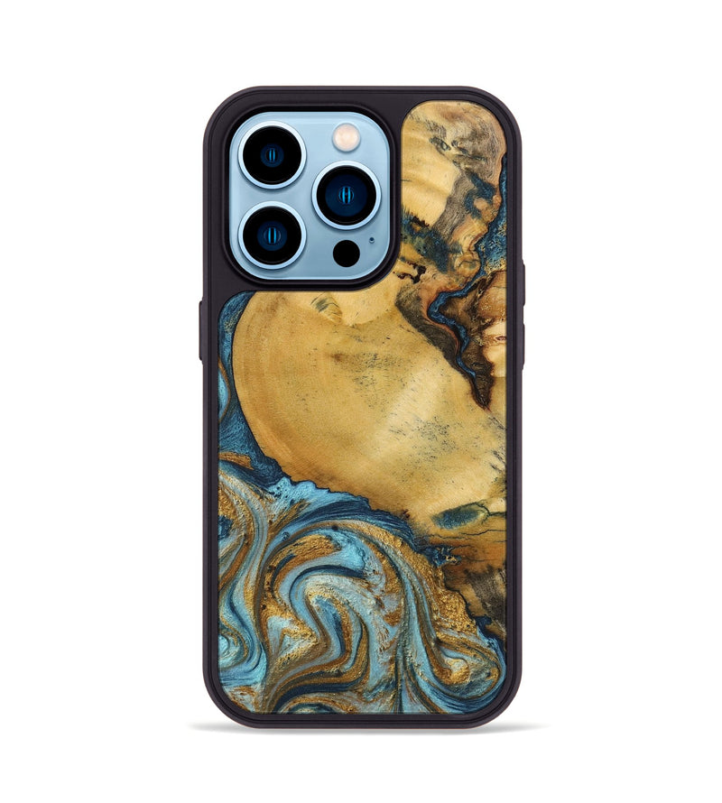 iPhone 14 Pro Wood+Resin Phone Case - Quentin (Teal & Gold, 702184)