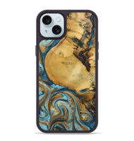 iPhone 15 Plus Wood+Resin Phone Case - Quentin (Teal & Gold, 702184)