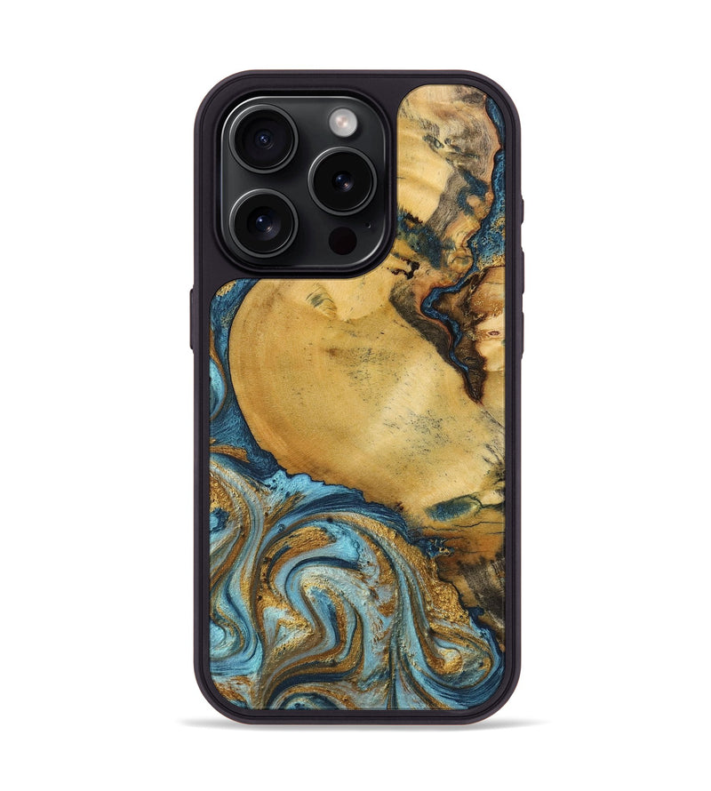 iPhone 15 Pro Wood+Resin Phone Case - Quentin (Teal & Gold, 702184)