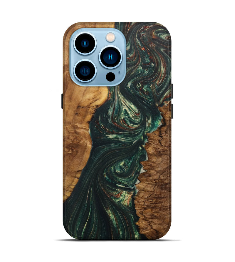 iPhone 14 Pro Wood+Resin Live Edge Phone Case - Trevon (Green, 702243)