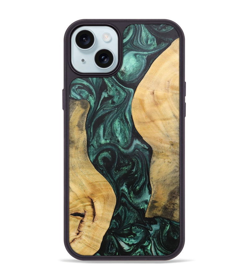 iPhone 15 Plus Wood+Resin Phone Case - Deloris (Green, 702327)