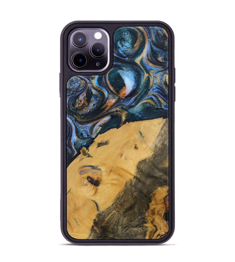 iPhone 11 Pro Max Wood+Resin Phone Case - Damien (Teal & Gold, 702515)