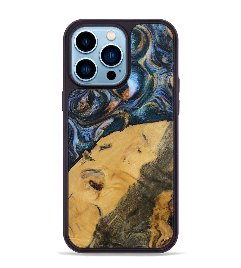 iPhone 14 Pro Max Wood+Resin Phone Case - Damien (Teal & Gold, 702515)