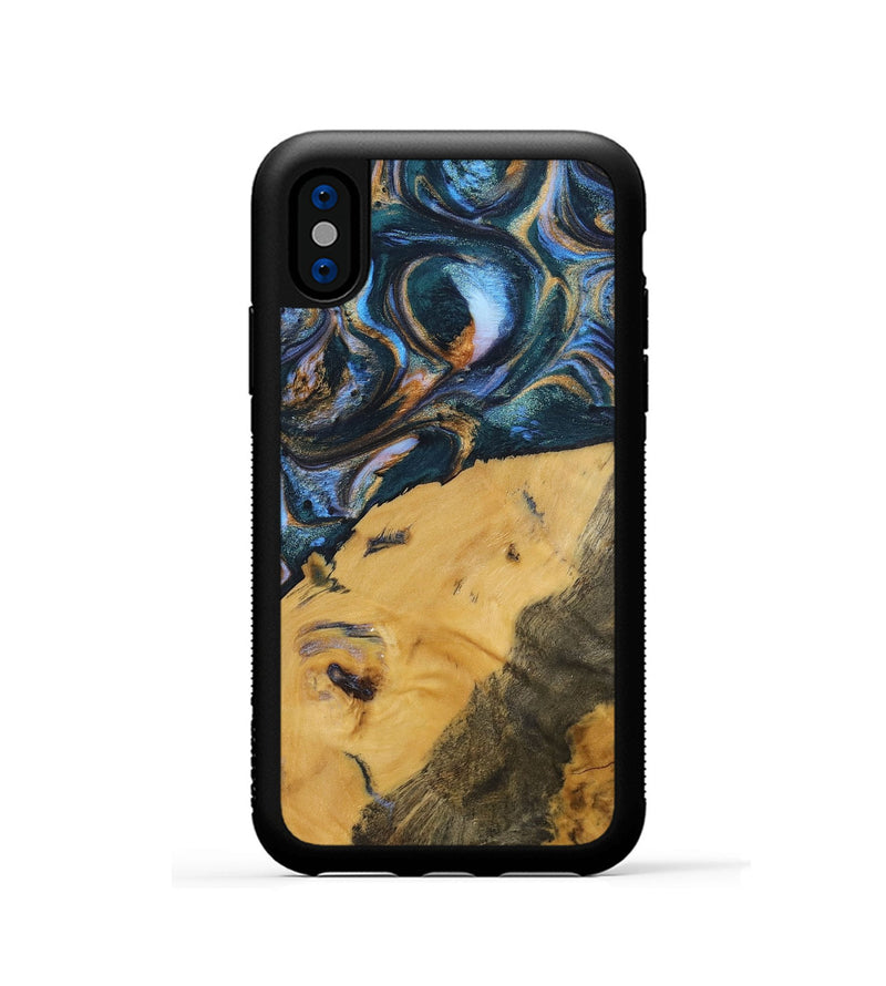 iPhone Xs Wood+Resin Phone Case - Damien (Teal & Gold, 702515)