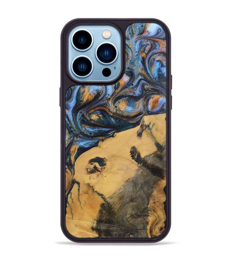 iPhone 14 Pro Max Wood+Resin Phone Case - Audrey (Teal & Gold, 702521)