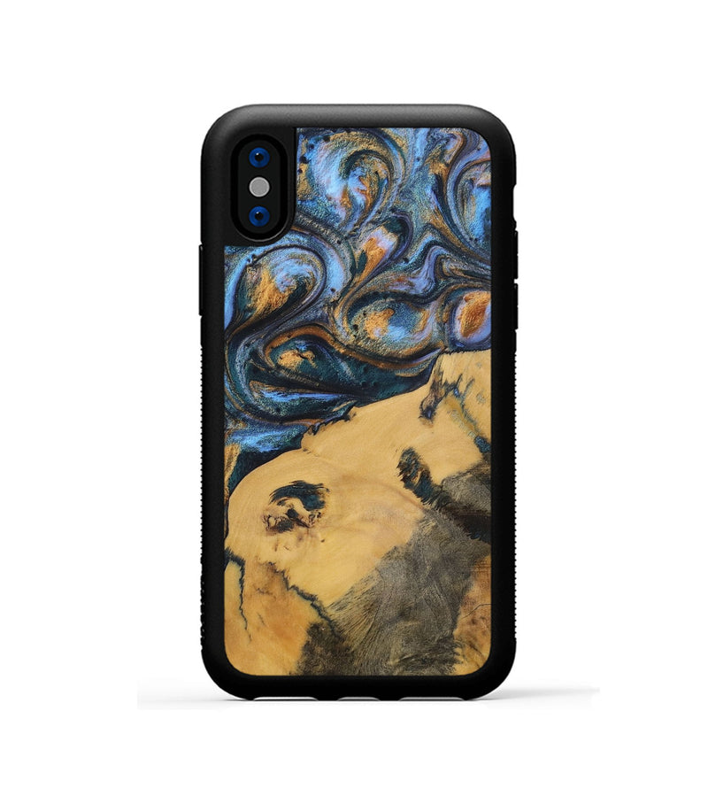 iPhone Xs Wood+Resin Phone Case - Audrey (Teal & Gold, 702521)