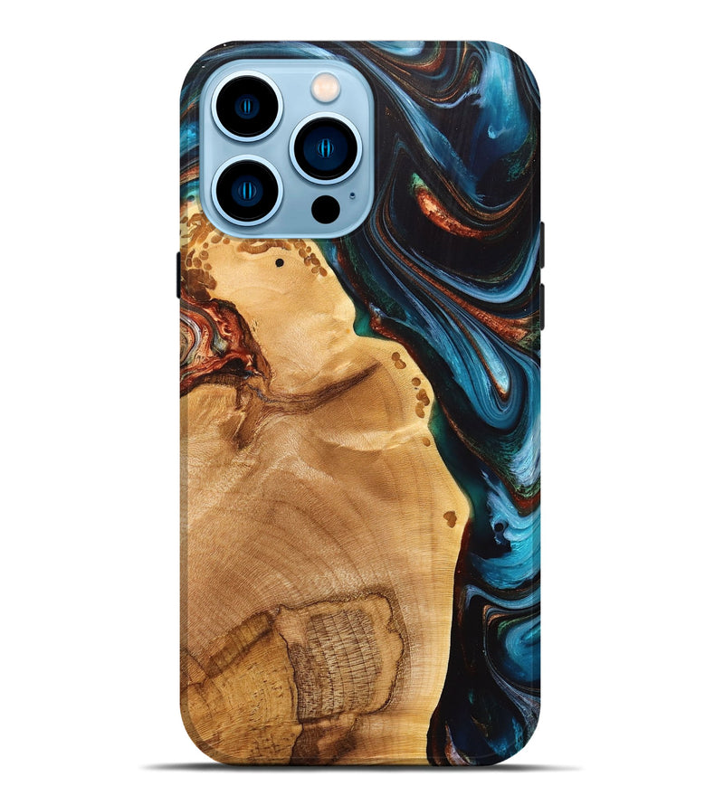 iPhone 14 Pro Max Wood+Resin Live Edge Phone Case - Andre (Teal & Gold, 702770)
