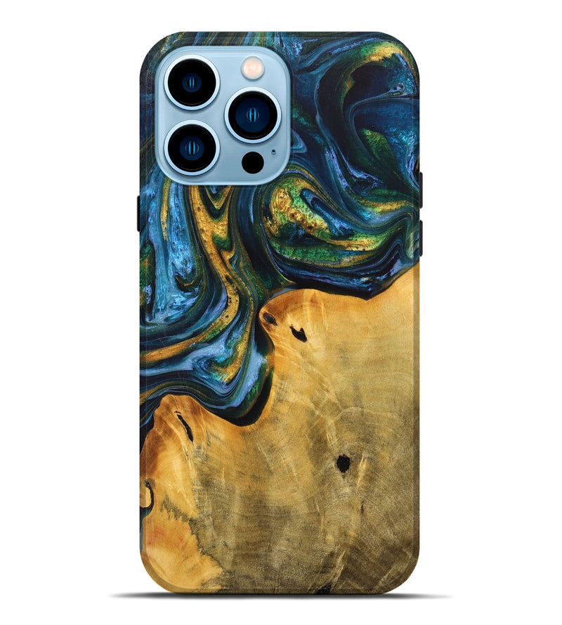 iPhone 14 Pro Max Wood+Resin Live Edge Phone Case - Ashton (Teal & Gold, 702772)