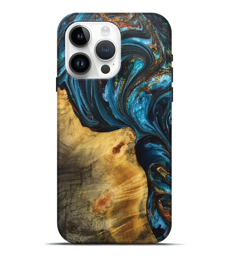 iPhone 15 Pro Max Wood+Resin Live Edge Phone Case - Amari (Teal & Gold, 702919)