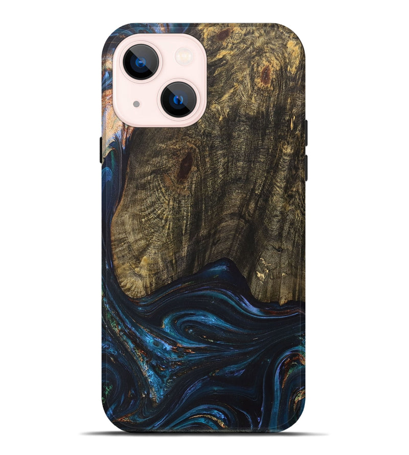 iPhone 14 Plus Wood+Resin Live Edge Phone Case - Asher (Teal & Gold, 702920)