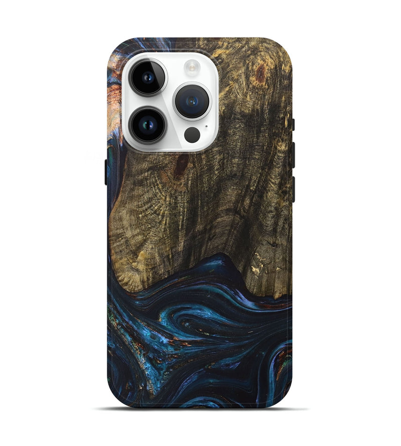 iPhone 15 Pro Wood+Resin Live Edge Phone Case - Asher (Teal & Gold, 702920)