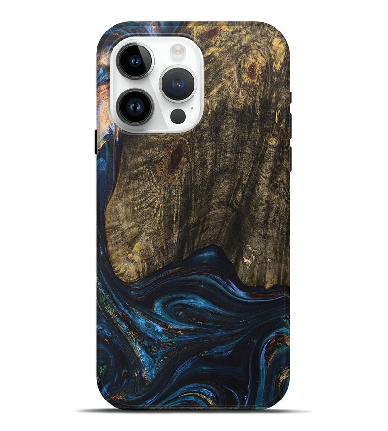 iPhone 15 Pro Max Wood+Resin Live Edge Phone Case - Asher (Teal & Gold, 702920)