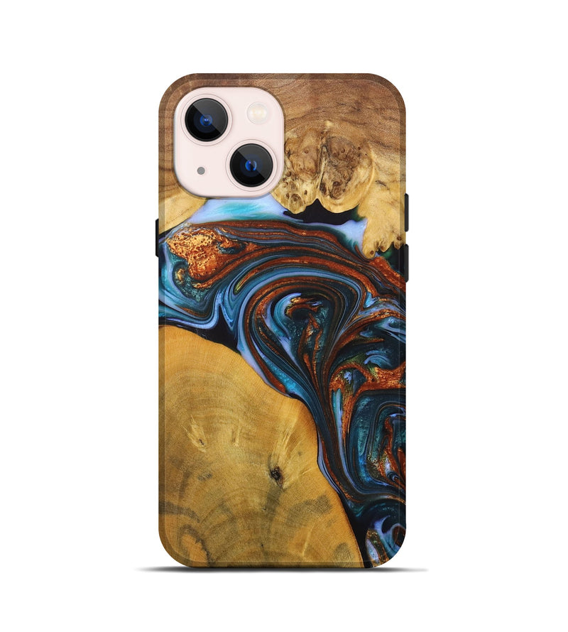iPhone 13 mini Wood+Resin Live Edge Phone Case - Jami (Teal & Gold, 702921)