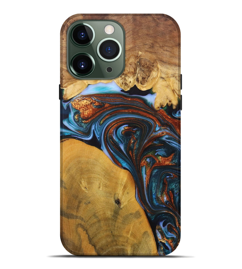 iPhone 13 Pro Max Wood+Resin Live Edge Phone Case - Jami (Teal & Gold, 702921)