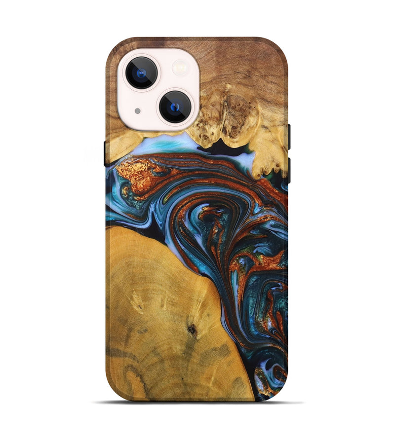 iPhone 14 Wood+Resin Live Edge Phone Case - Jami (Teal & Gold, 702921)