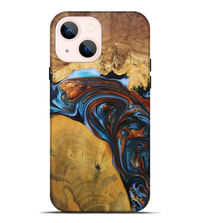 iPhone 14 Plus Wood+Resin Live Edge Phone Case - Jami (Teal & Gold, 702921)