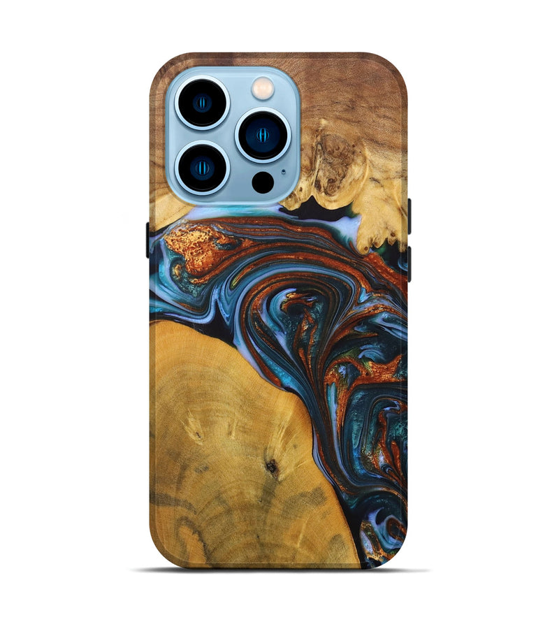 iPhone 14 Pro Wood+Resin Live Edge Phone Case - Jami (Teal & Gold, 702921)