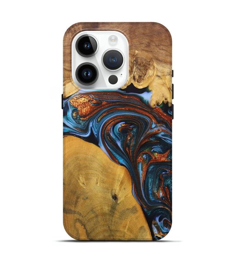 iPhone 15 Pro Wood+Resin Live Edge Phone Case - Jami (Teal & Gold, 702921)