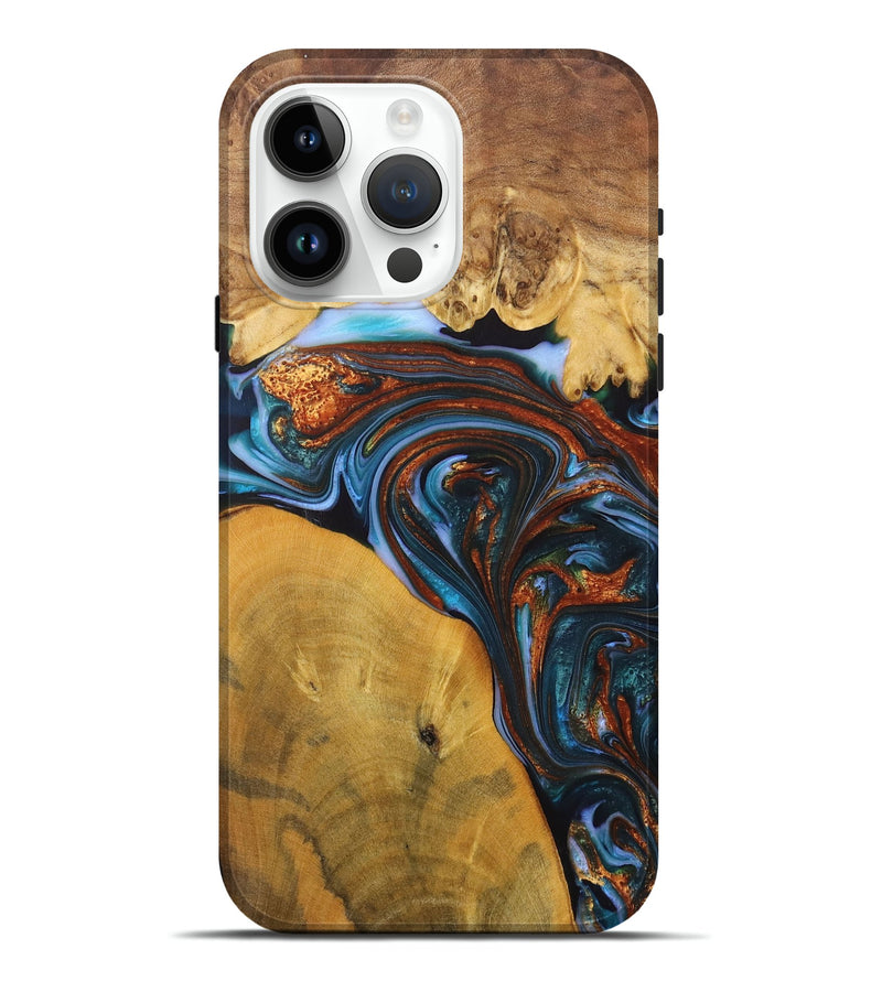 iPhone 15 Pro Max Wood+Resin Live Edge Phone Case - Jami (Teal & Gold, 702921)