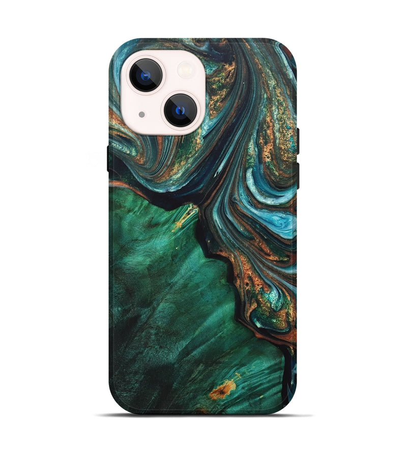 iPhone 14 Wood+Resin Live Edge Phone Case - Gage (Teal & Gold, 702926)